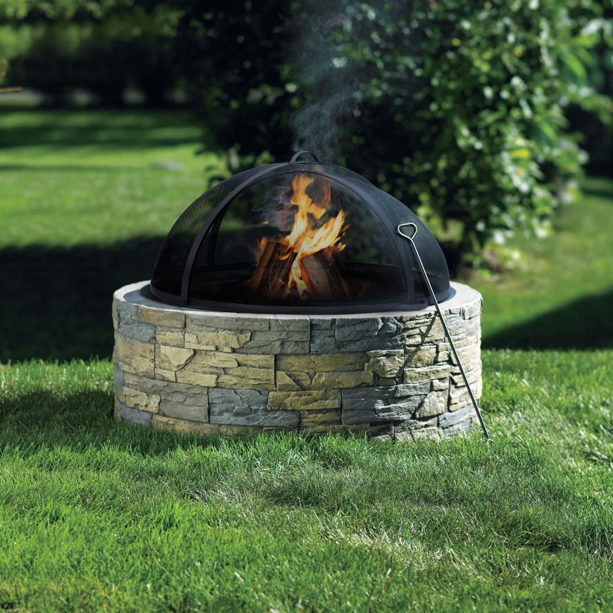 Heavy-Duty Fire Pit Screen, Steel Mesh Round Spark Screen with Handle, 35 Inch