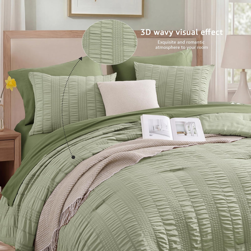 Full Size Comforter Set, 7 Pieces Sage Green Seersucker Bed in a Bag Full Size Soft All Seasons, Bedding Sets Full