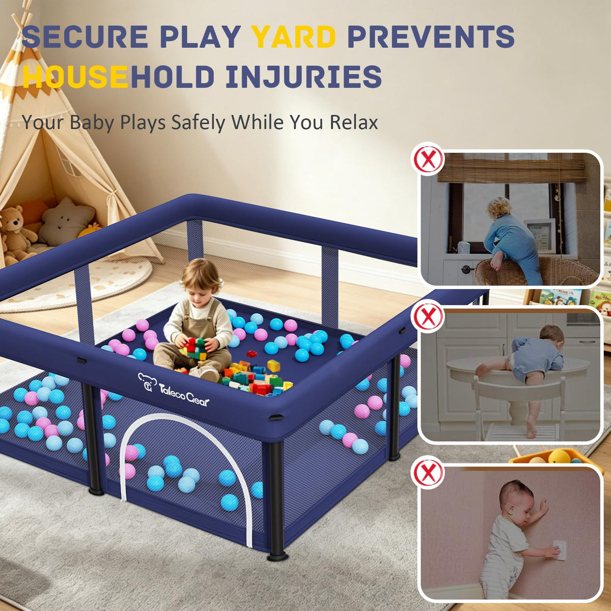 Foldable Baby Playpen with Mat, 50"×50" Collapsible Play Pen for Babies and Toddlers, Indoor & Outdoor Kids Safety