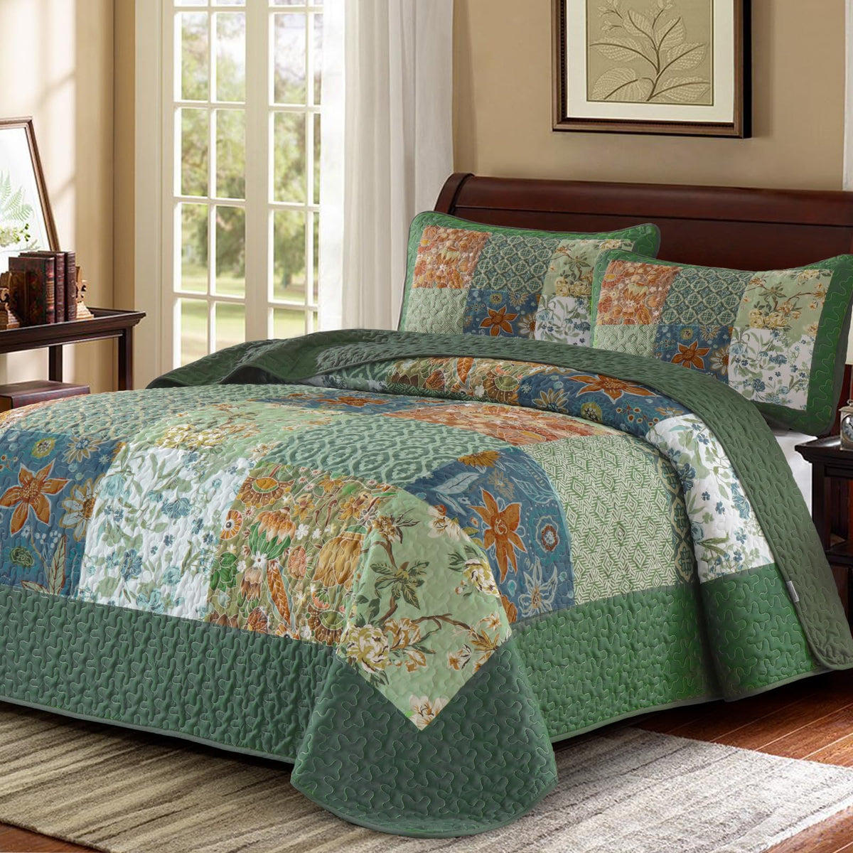 Patchwork Quilt Set Green Boho Rustic Floral Bedspread Coverlet