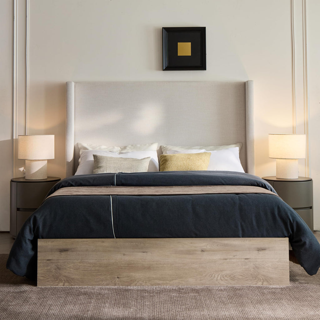 Upholstered Bed Frame, 54" Tall Headboard Shelton Wingback Bed Frames, Wood Base Platform Beds, No Box