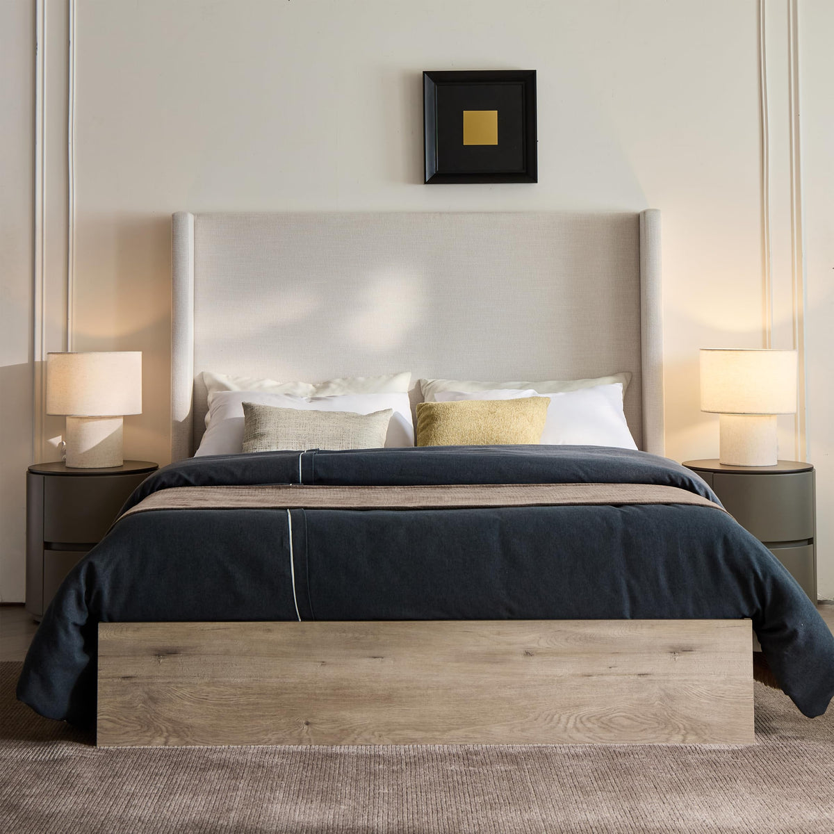 Upholstered Bed Frame, 54" Tall Headboard Shelton Wingback Bed Frames, Wood Base Platform Beds, No Box