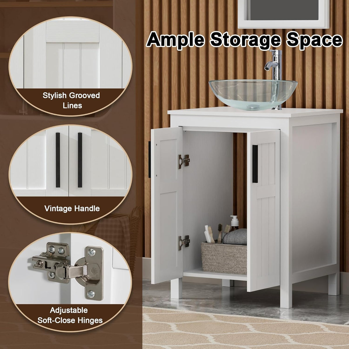 White 24" Bathroom Vanity with Sink Combo,Modern Vanity with Vessel Sink,Stylish Bathroom Vanity Cabinet,Grooved