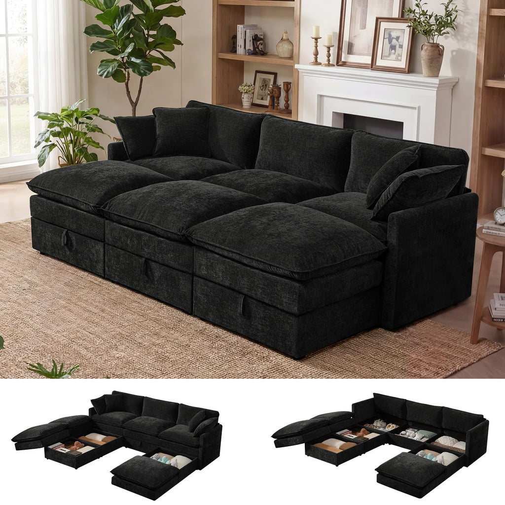 Modular Sectional Sofa Bed with Storage Ottomans, 103" Cloud Couch, 6-Seater Comfy Modern Couches with Pillows &