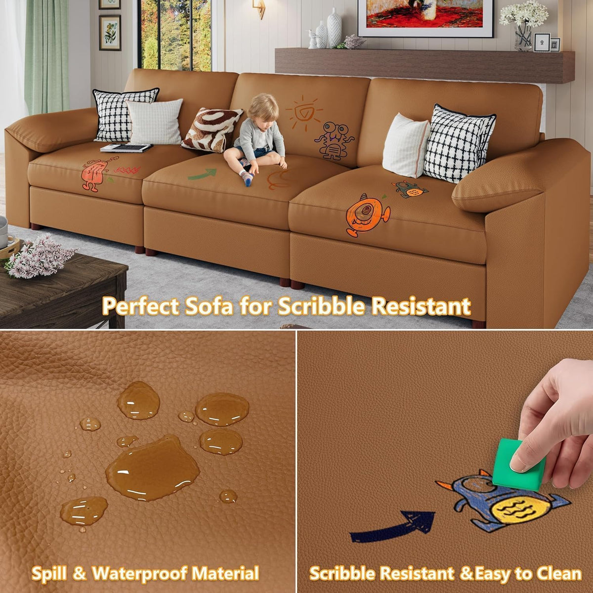Leather Sectional Couch, L Shaped Modular Sectional Sofa, Brown