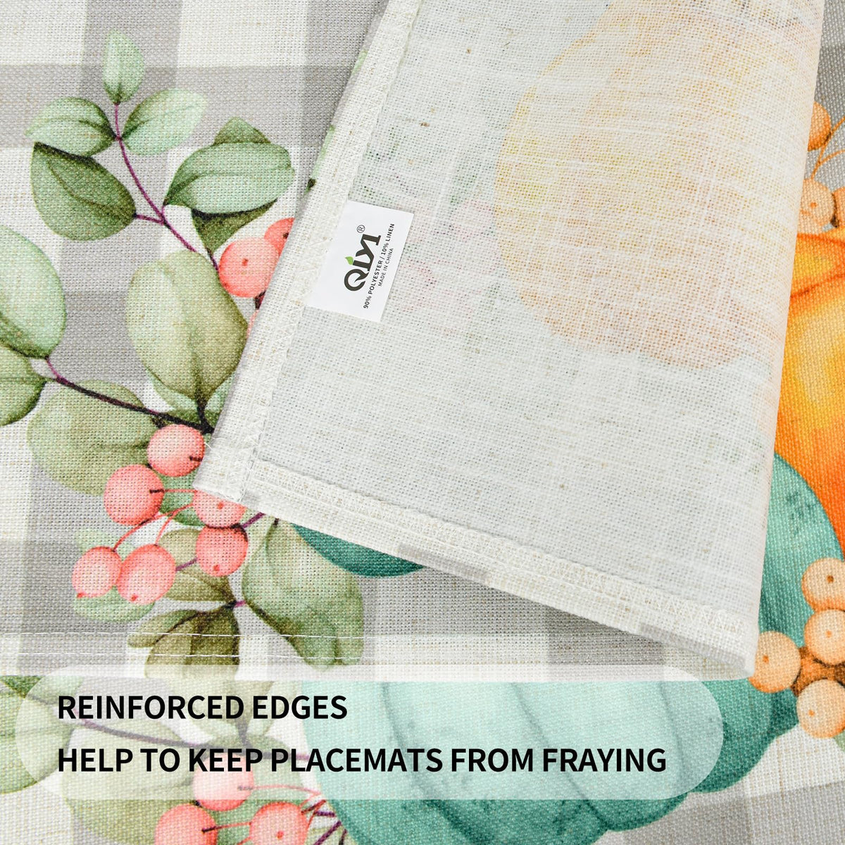 Fall Placemats Set of 4, 12"x18" Linen Place Mats, Plaid Pumpkin