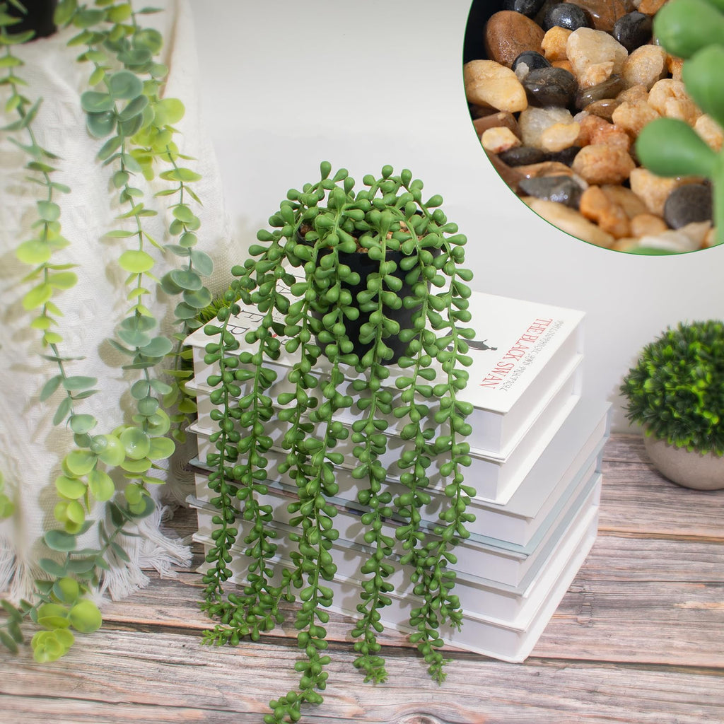 2 Pack Lifelike Artificial String of Pearls Plant - Faux Hanging Succulent with Black Pot, Realistic Trailing Fake