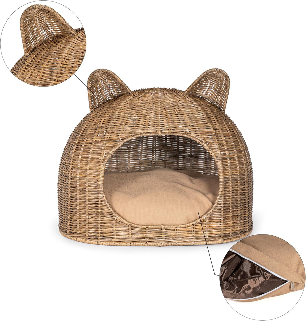 Cat Ear 20" x 14.5" Coastal Handwoven Rattan Cat Bed with Machine-Washable Cushion, Natural