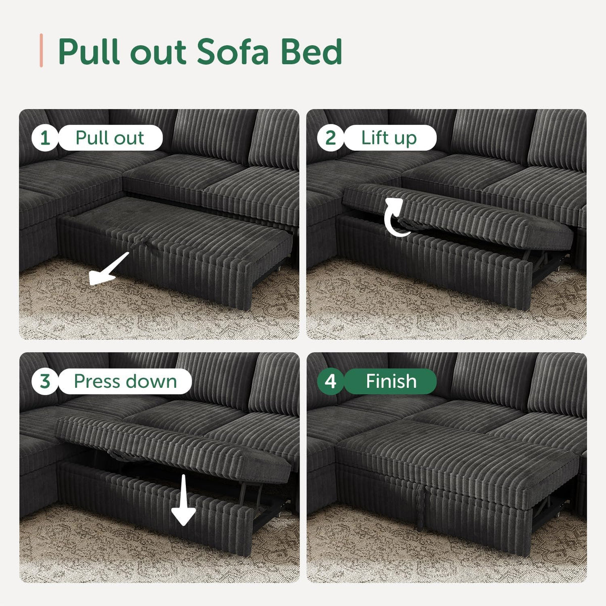 Modular Sectional Sleeper Sofa with Pull Out Bed,Corduroy L Shaped Couch with Storage, Sectional Couches ,Dark Grey