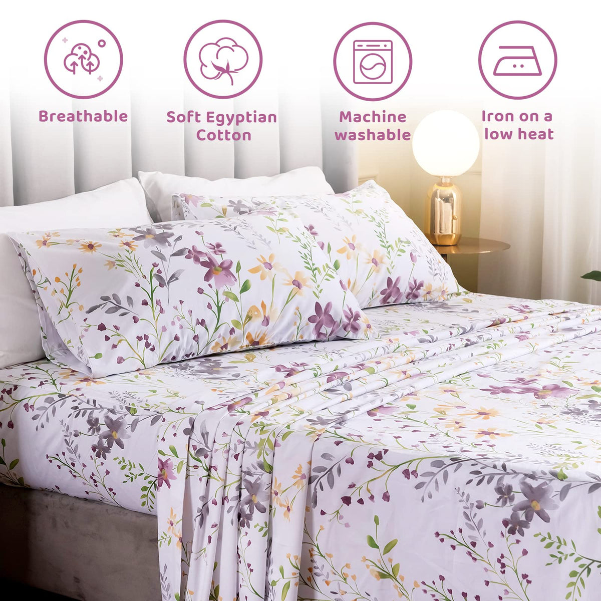Floral Queen Size Sheet Sets - Yellow Wild Flower Botanical Pattern Egyptian Cotton Printed Bedding Sheets Set Queen