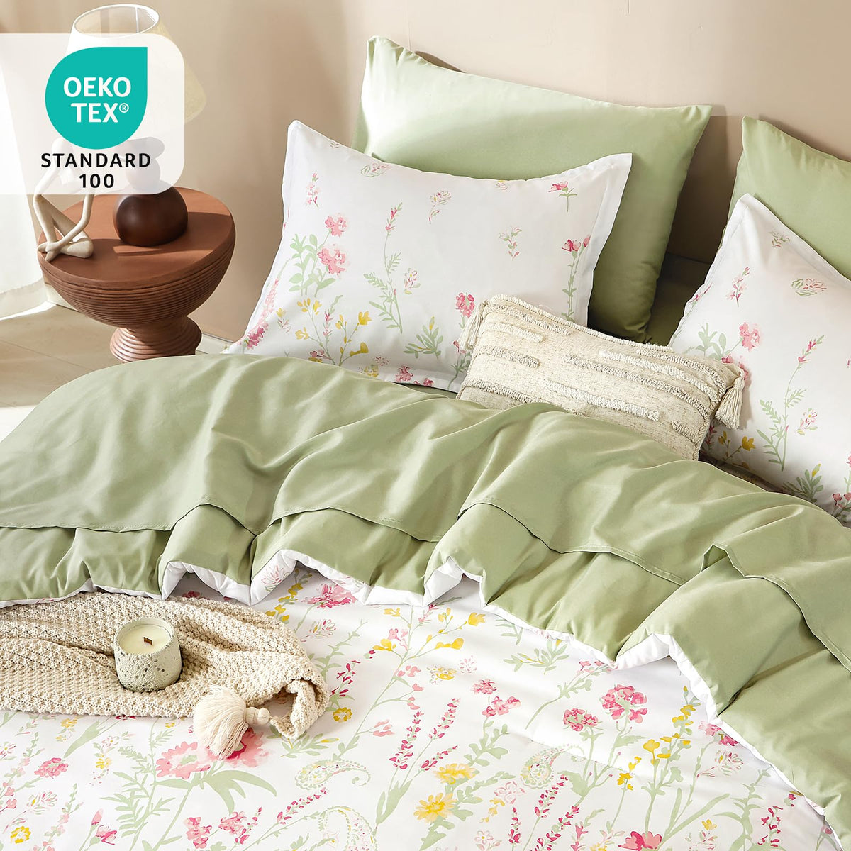 7 Piece Pink Green Floral Comforter Set, Cute Botanical Comforters Lightweight Coquette Bedding Set Flower