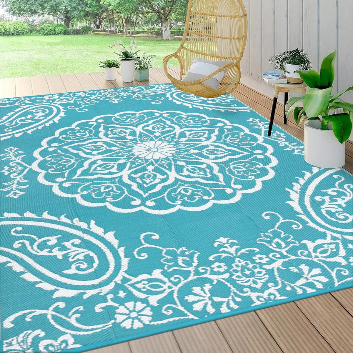 Outdoor Rug, Waterproof Plastic Straw Camping Rug, Boho Teal