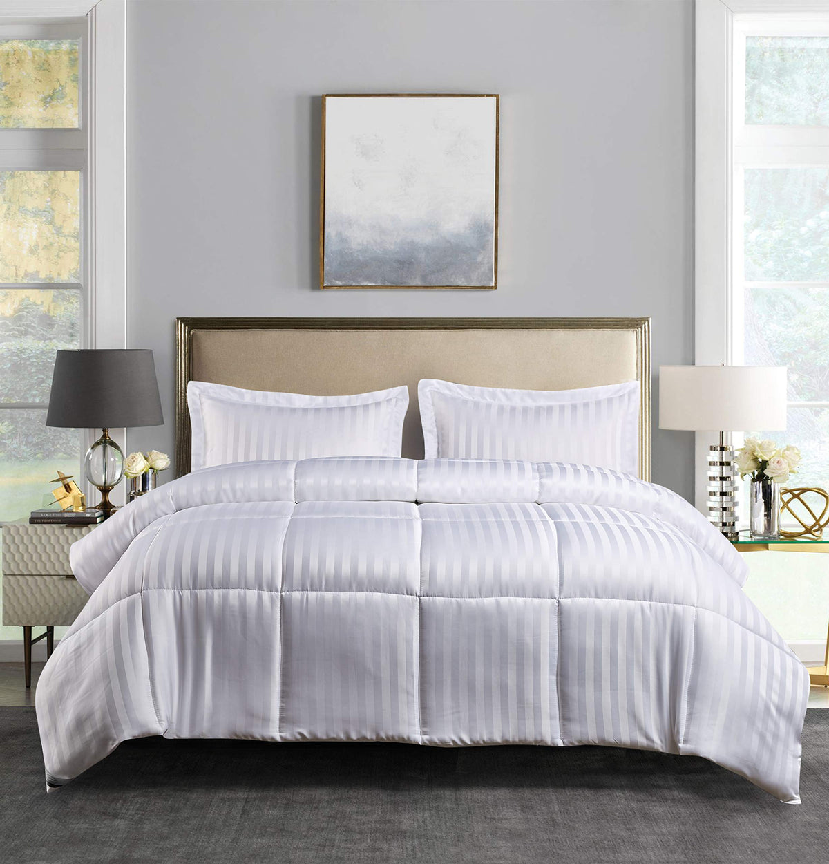 Microfiber Damask Stripe/Solid Reversible Down Alternative Comforter Set - All Season Warmth, Twin, White