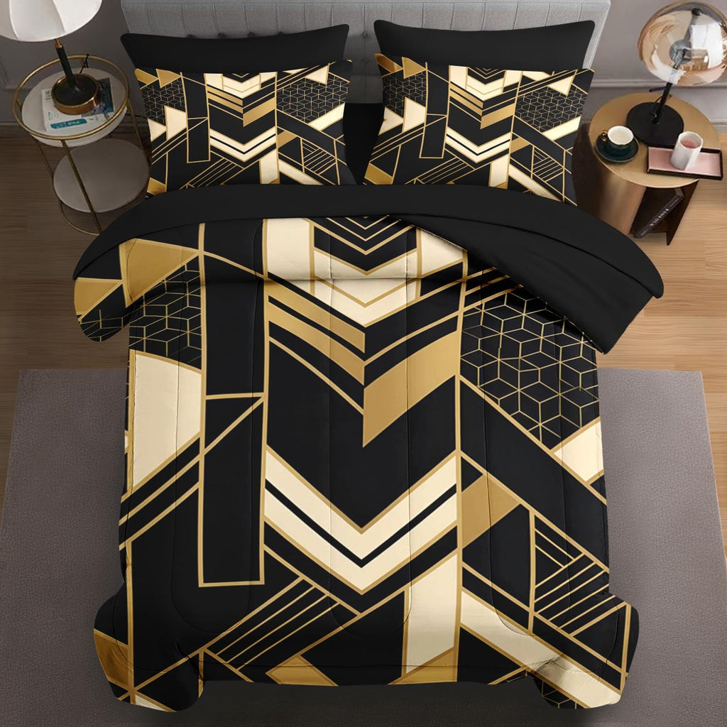 Full Comforter Set with Sheets, 7 Pieces Geometric Gold Bedding