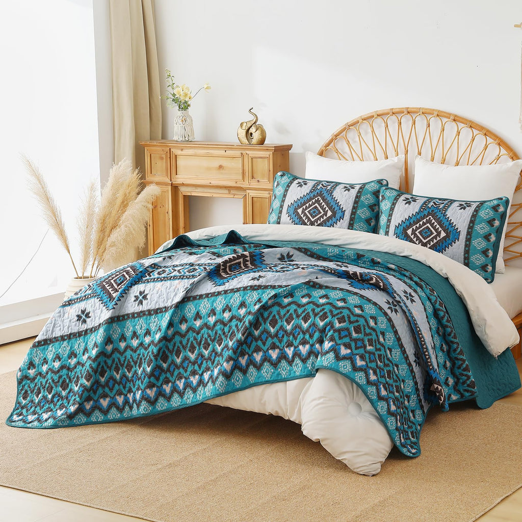 Boho Quilt Set, 3 Pcs Teal Aztec Lightweight Bedspread