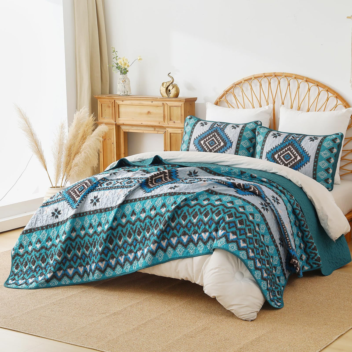 Boho Quilt Set, 3 Pcs Teal Aztec Lightweight Bedspread
