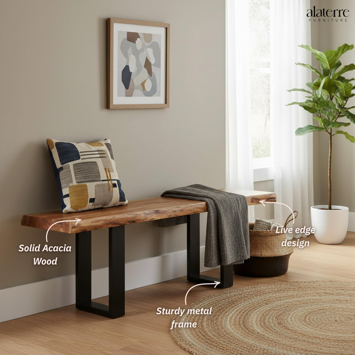 Alpine Live Edge Solid Wood Rustic Entryway Bench, Natural, 48"