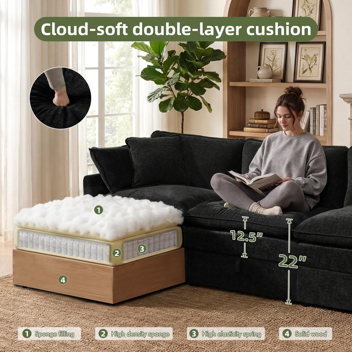 Modular Sectional Sofa with Storage Ottomans, 135" U-Shaped Cloud Couch, Comfy Modern Couches with Pillows &