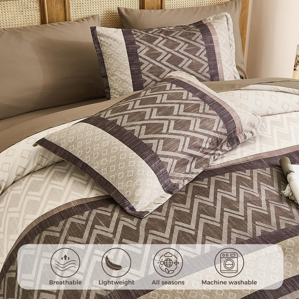 7-Piece Grey Brown Striped Comforter Set, Farmhouse Boho Bedding