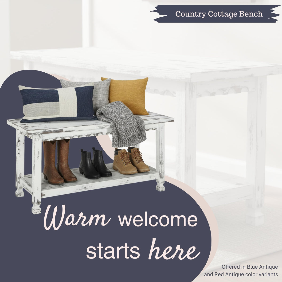Country Cottage 36-Inch Farmhouse Entryway Bench with Storage Shelf - Solid Pine Wood Bench in Distressed White, or