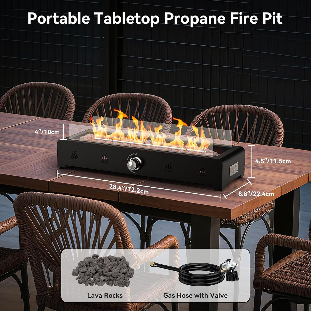 28'' Tabletop Fire Pit Table, Propane Gas Firepit Bottom Mounted for Table with Umbrella Hole, Glass Wind Guard and