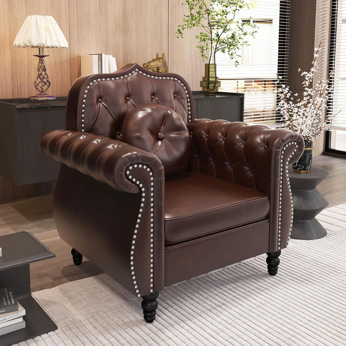 Chesterfield 3-Piece Tufted Faux Leather Living Room Sofa Set — Sofa, Loveseat & Armchair with Nailhead Trim, Brown