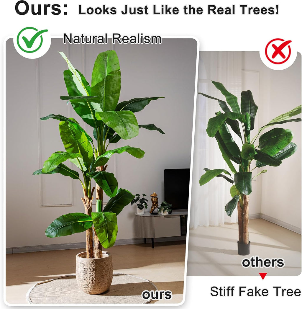 Artificial Banana Tree 6ft, Faux Tropical Palm Tree Plant with Realistic Leaves, Low Maintenance Indoor Outdoor Decor
