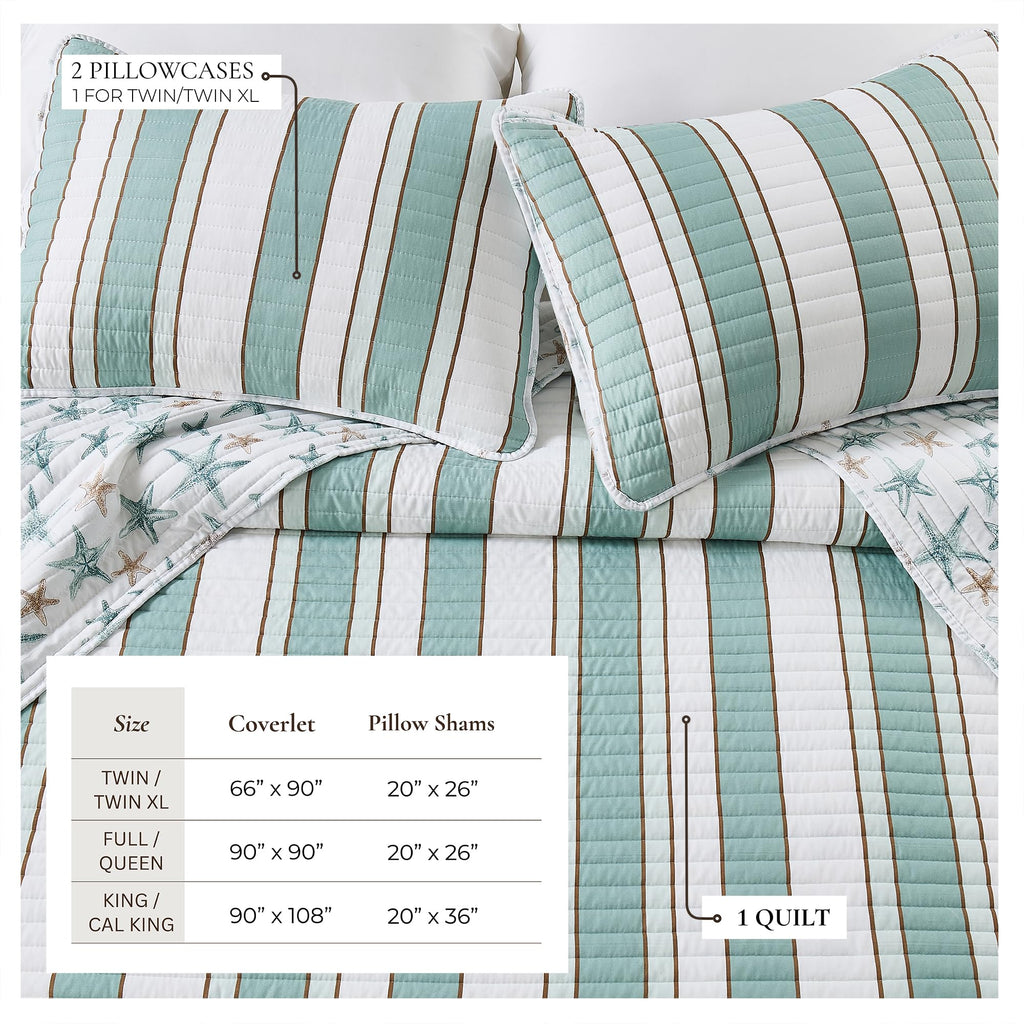 Coastal Quilt Set - 3-Piece Size Striped Bedding Set - Lightweight, All-Season, Reversible