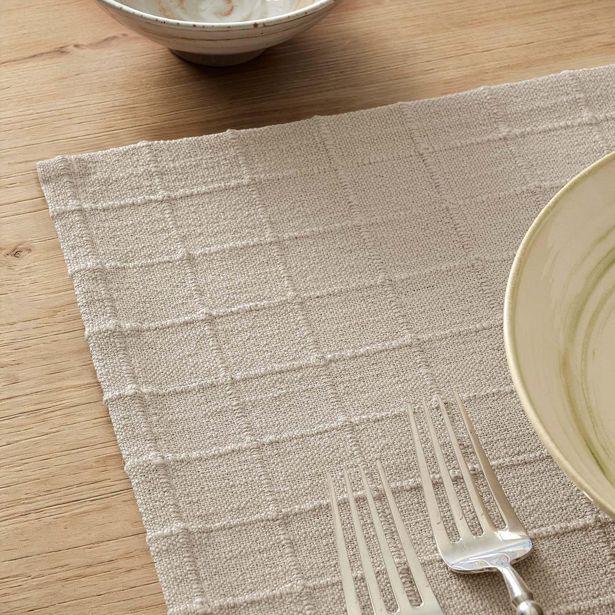 Artisanal Grid Decorative Linen Placemats Set of 4, Neutral Beige