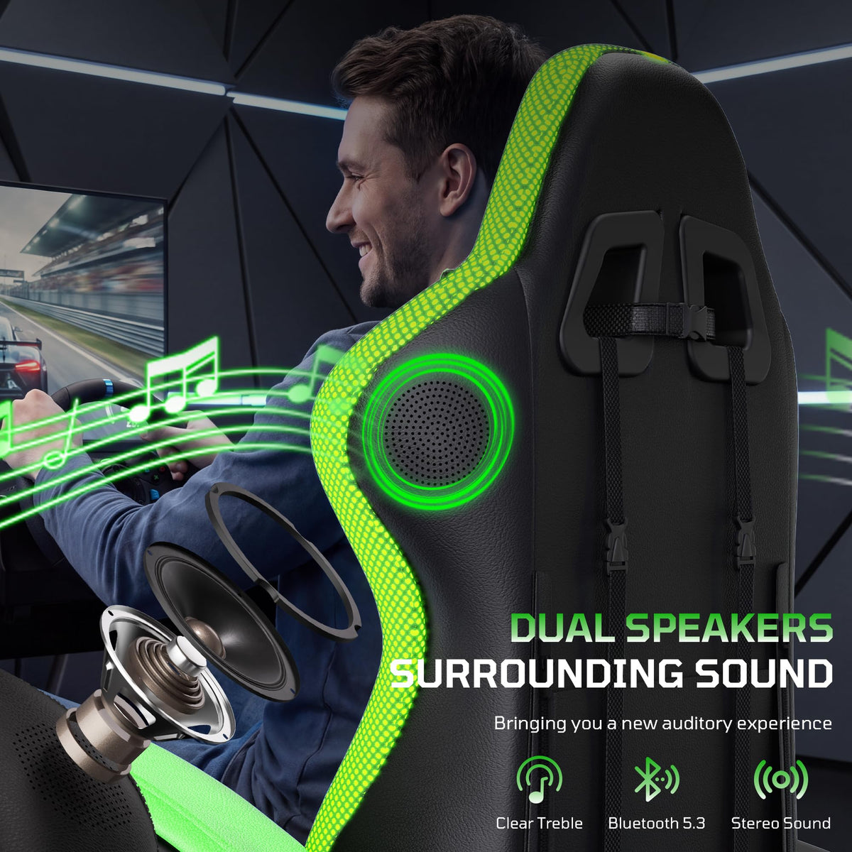 Gaming Chair with Massager & Speakers, LED Gamer Chair, Green