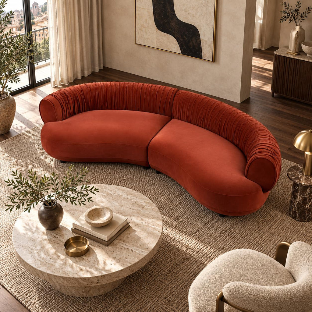 102.36" Curved Sectional, Orange Red Velvet 4-Seat Couch
