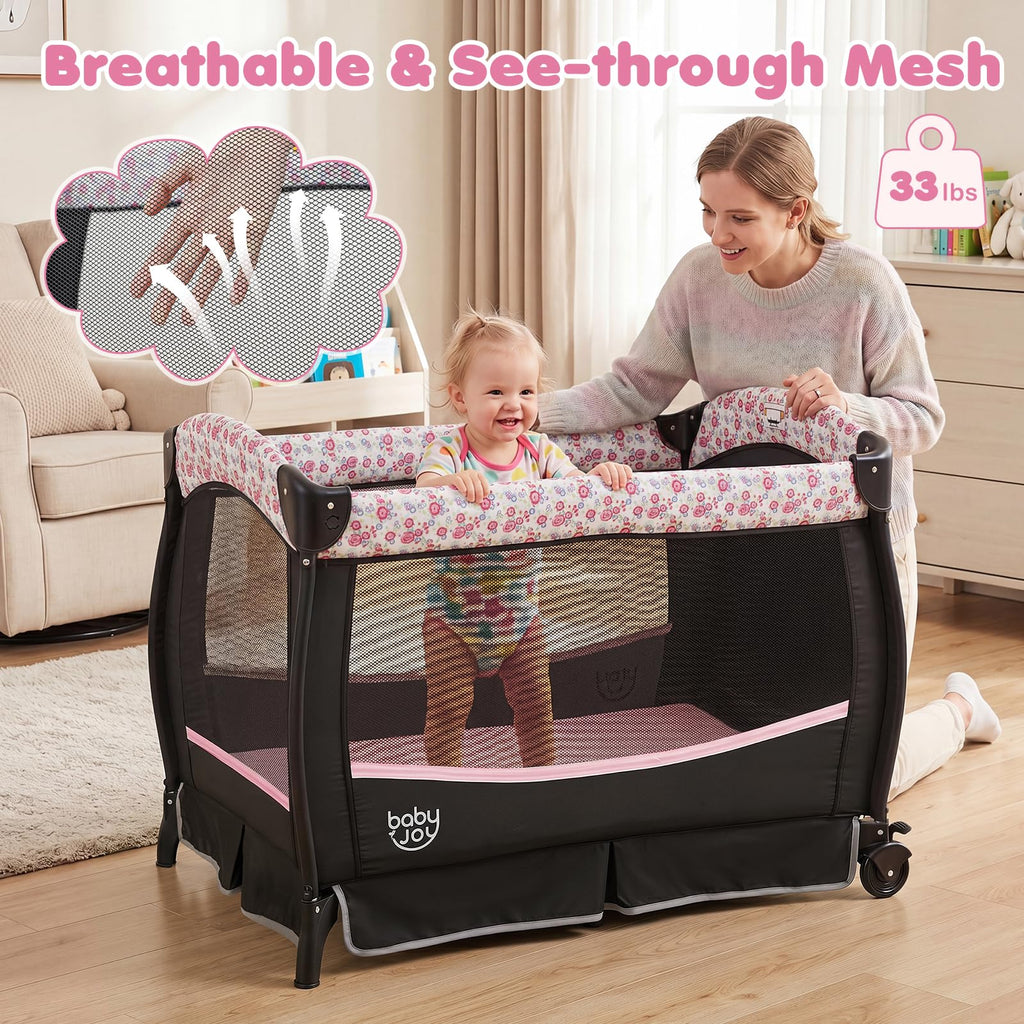 4 in 1 Play Yard, Portable Baby Playard with Bassinet & Flip-Away Changing Table, Canopy, Portable Bedside