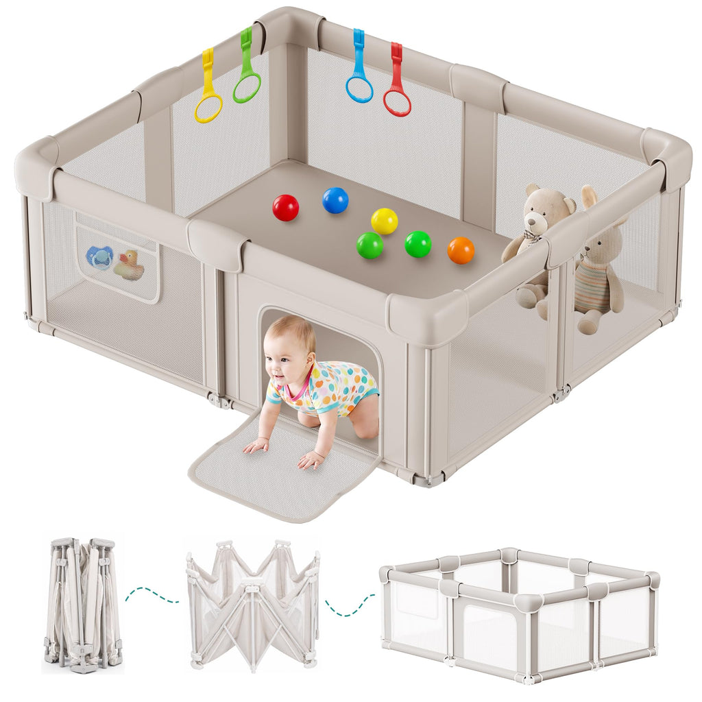 Foldable Baby Playpen with Mat, 71x59 Inches, Light Khaki
