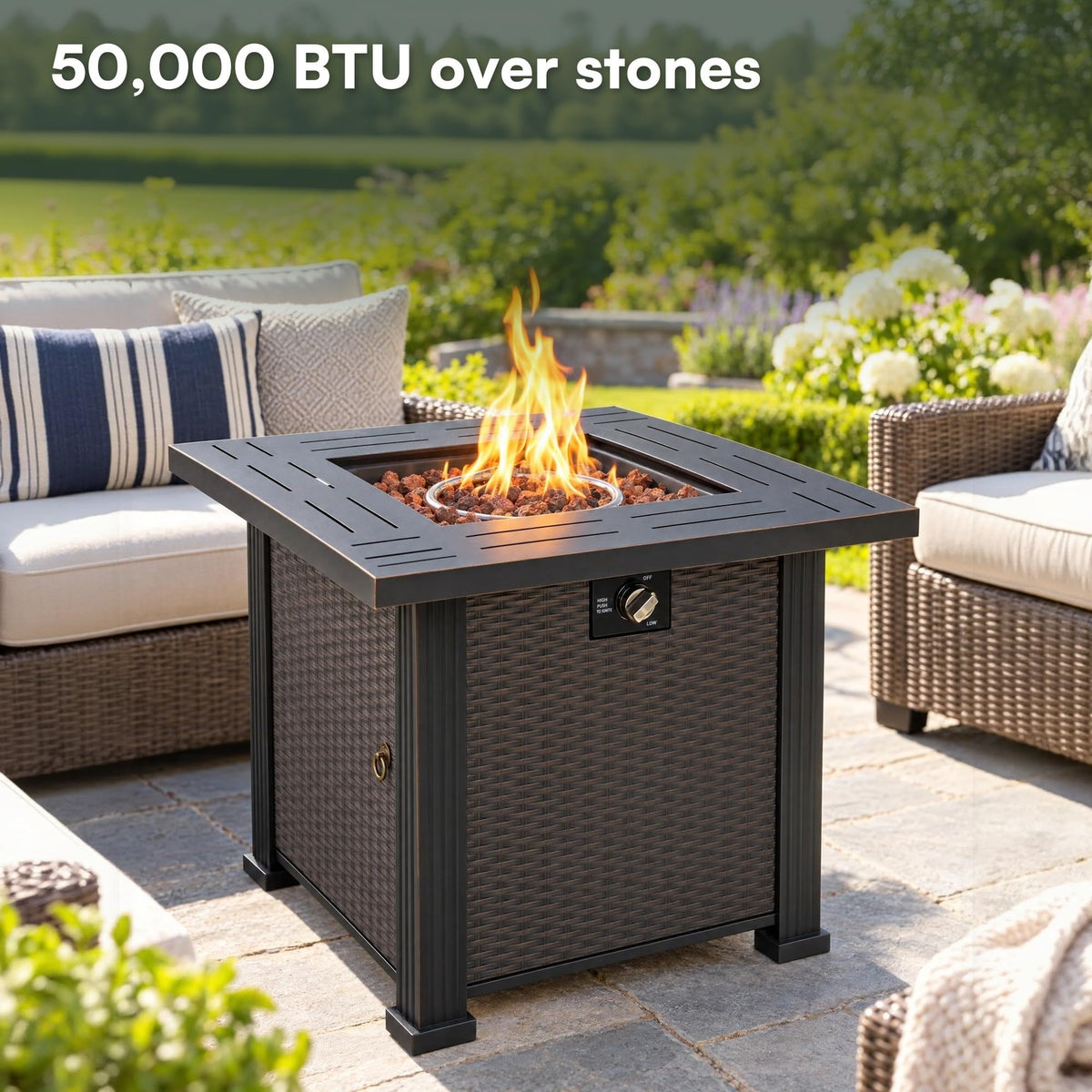 28" Square Steel Propane Fire Pit Table Wicker Look Patio Heater 50, 000 BTU