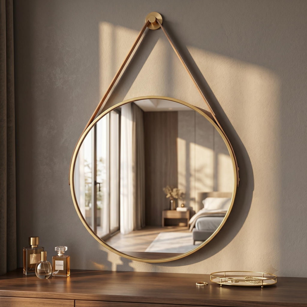 16" Gold Round Mirror, Circle Wall Mirror with Leather Strap