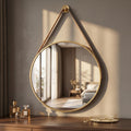 16" Gold Round Mirror, Circle Wall Mirror with Leather Strap
