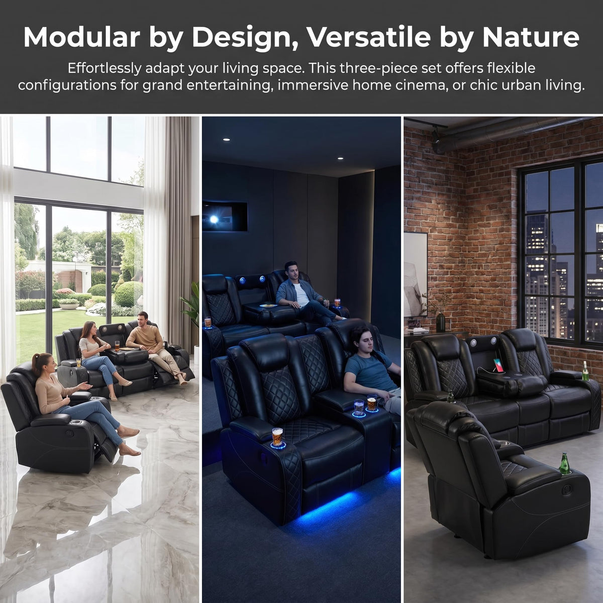 Black Breathing Leather 3-Piece Power Reclining Sofa Set
