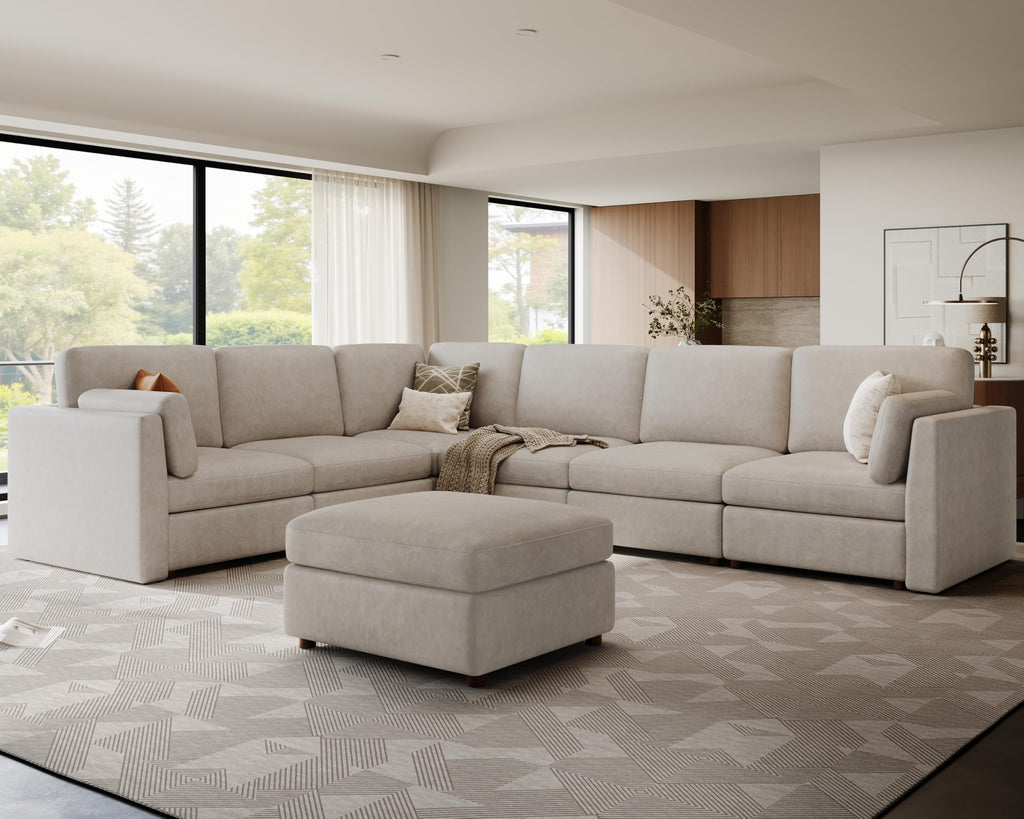 Faux Leather Modular Sectional Sofa Wide V Shaped Couches Beige
