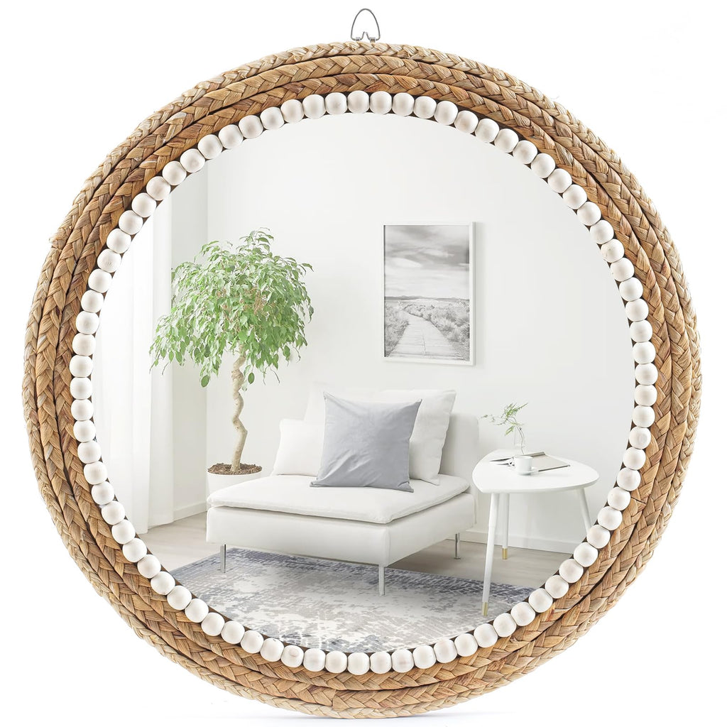 22 Inch Boho Style Decorative Mirror, Round Rattan Wall Hanging Mirror, Nature Rattan Woven Round Mirror, Makeup