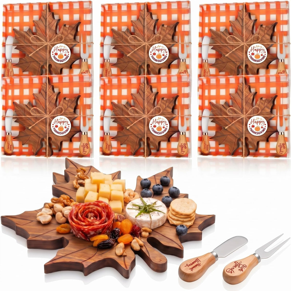 6 Sets Fall Maple Leaf Mini Charcuterie Board Gift, 8.3 x 7.5 in