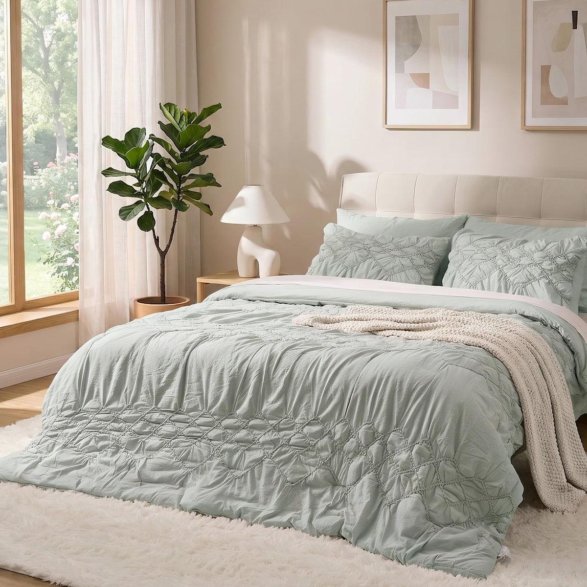 Comforter Set Green, 7-Piece Embroidered, Lightweight