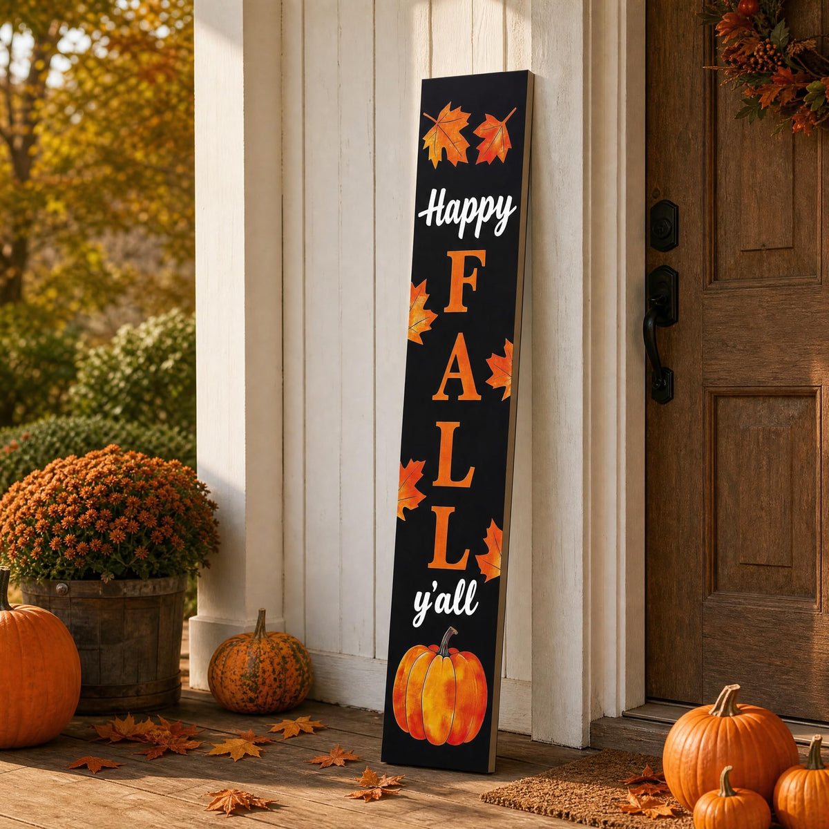 Happy Fall Y'all 47" Tall Vertical Wooden Porch Sign Black Rustic Farmhouse Fall Decor with Maple Leaf Pumpkin
