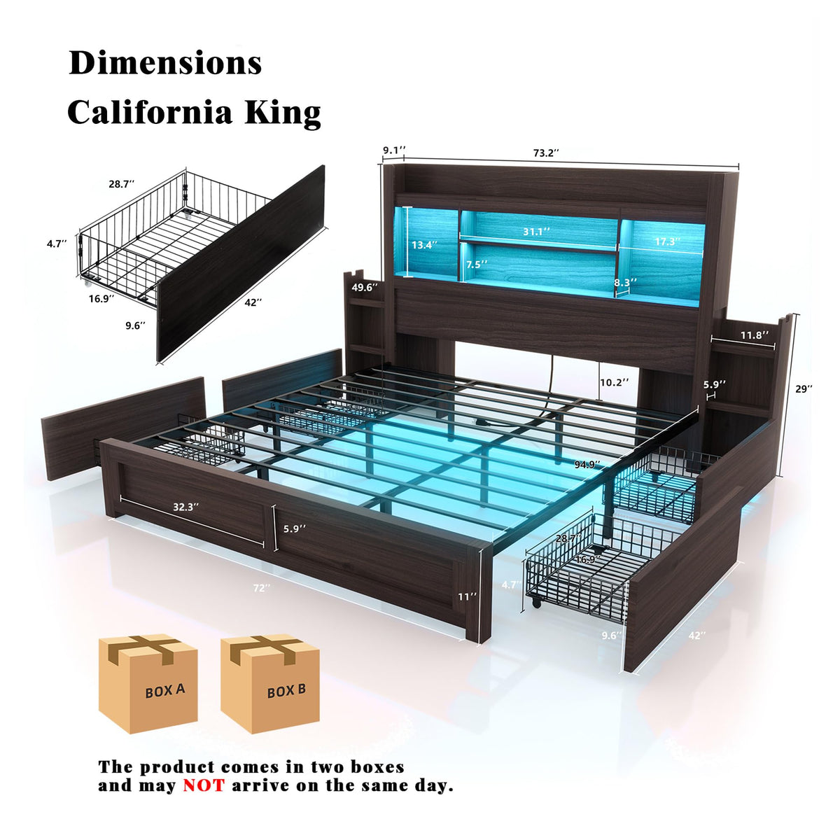 Bed Frame with Bookcase Headboard & Storage, Rustic, Black