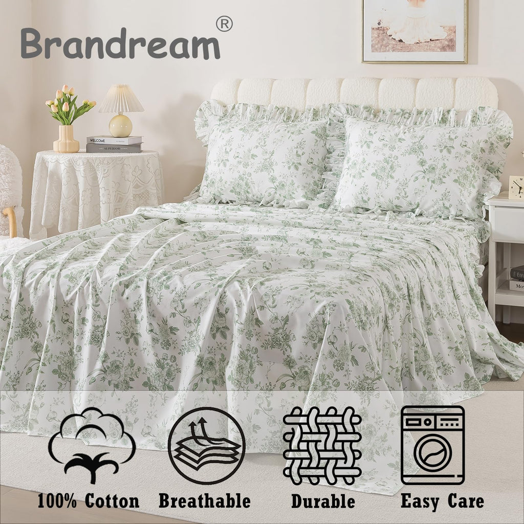 Ruffle Sheet Set - Grandmillennial Floral Bed Sheets, Vintage Botanical Toile Floral Print in Sage Green, Peony
