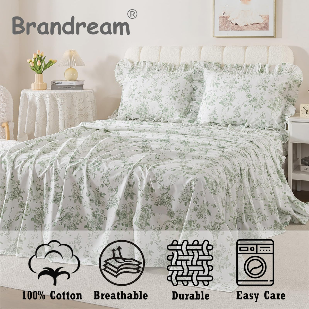 Ruffle Sheet Set - Grandmillennial Floral Bed Sheets, Vintage Botanical Toile Floral Print in Sage Green, Peony