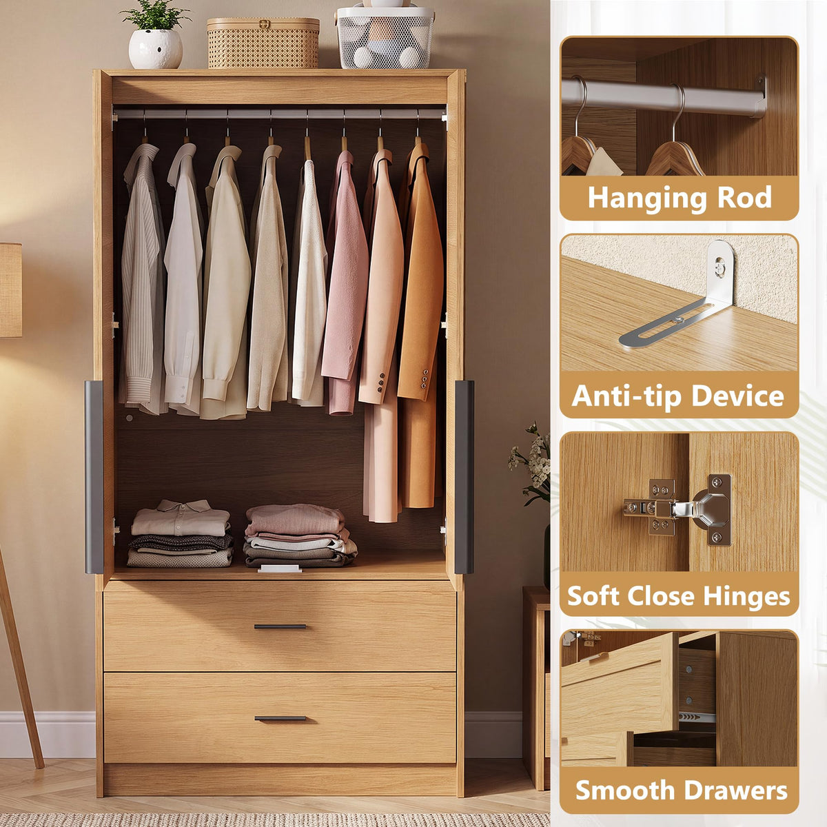 62.6"H Armoire Wardrobe Closet with 2 Fluted Door & Drawer, Natural