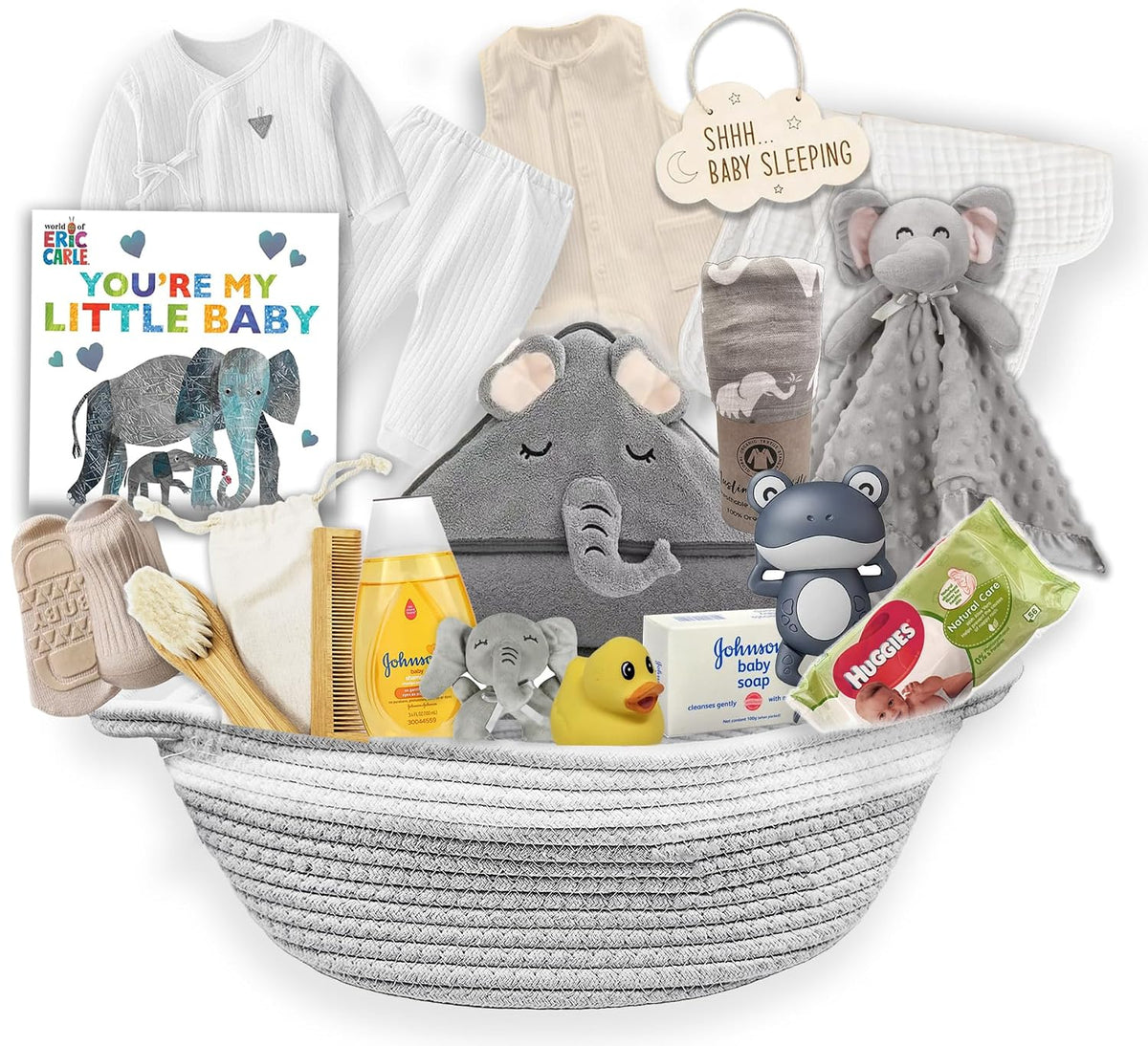 New Baby Boy/Girl Gift Basket (20 Items) for a New mom Elephant Baby Gift Set. Welcome Baby Care Package All