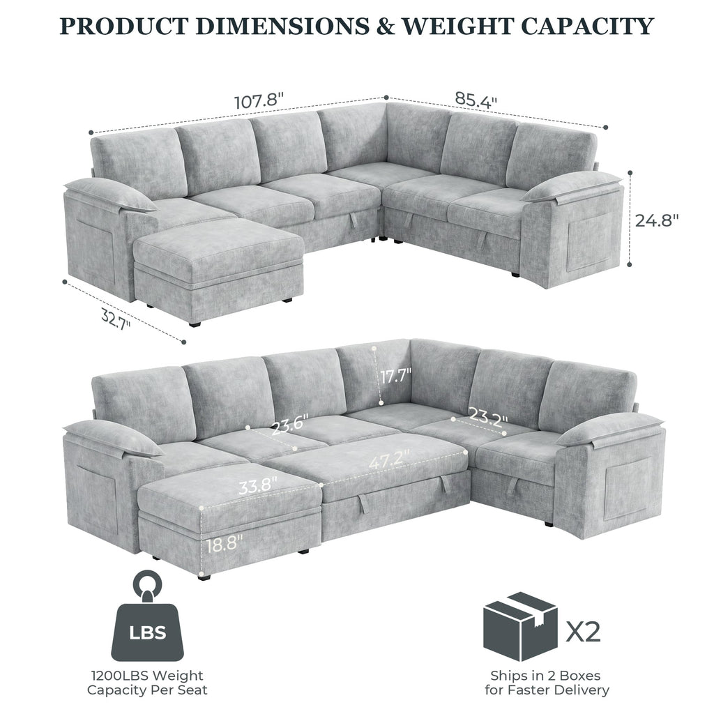 108 Inch Modular Sectional Sofa, Sleeper Sectional with Pull Out Couch Bed