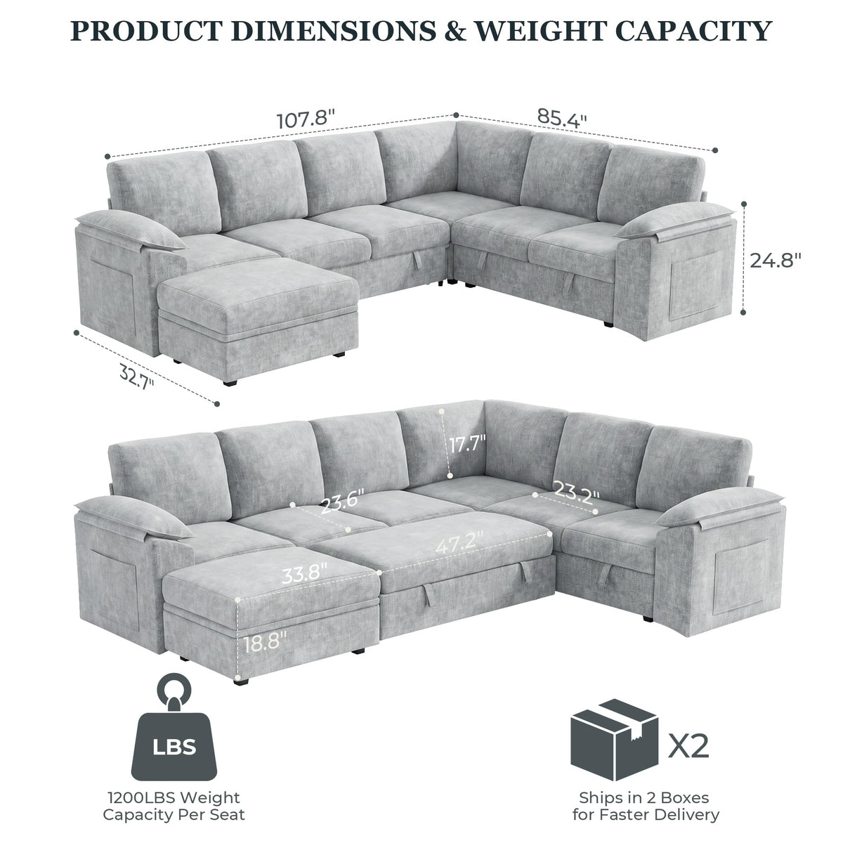 108 Inch Modular Sectional Sofa, Sleeper Sectional with Pull Out Couch Bed