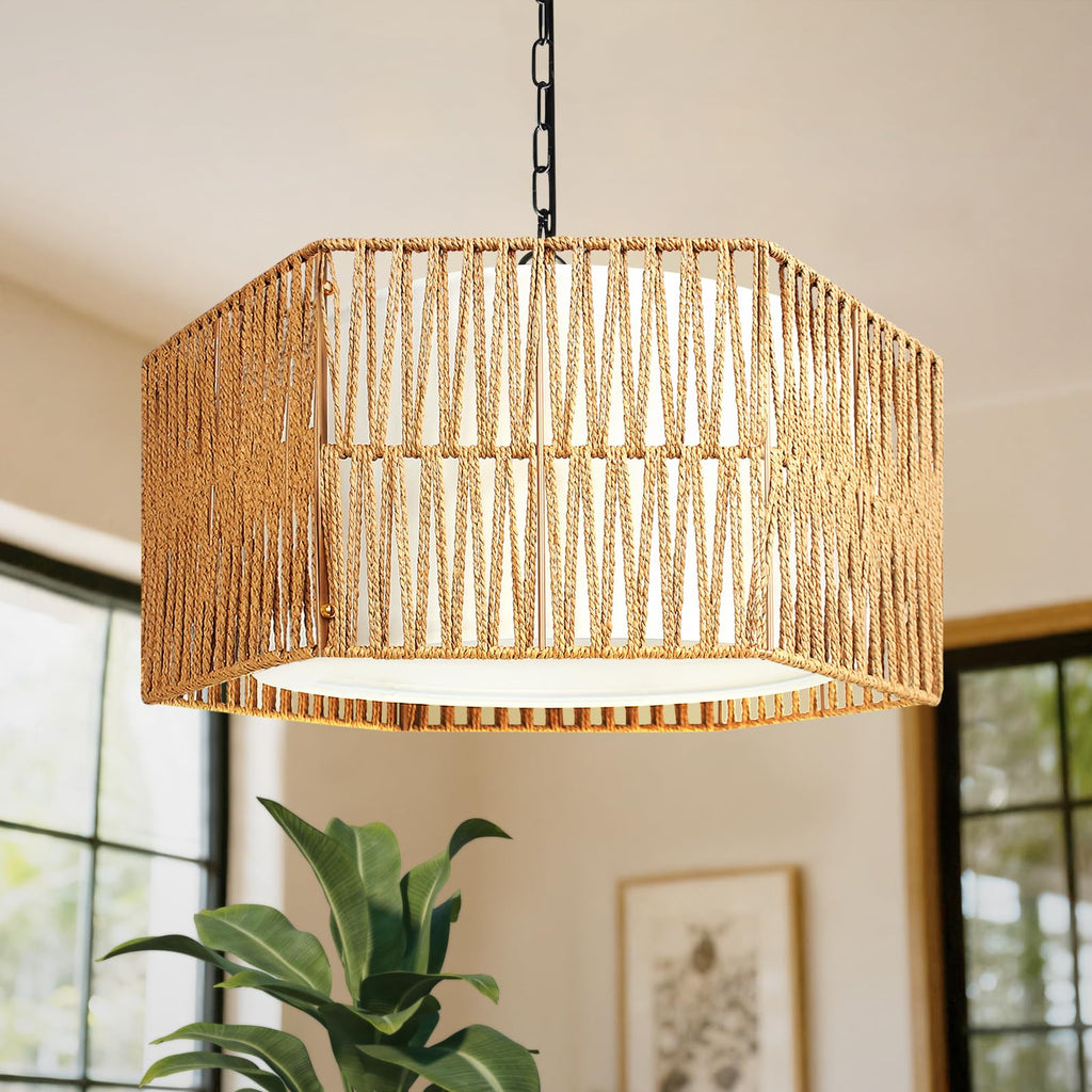 5-Lights Boho Rattan Chandelier 19" Farmhouse Chandelier